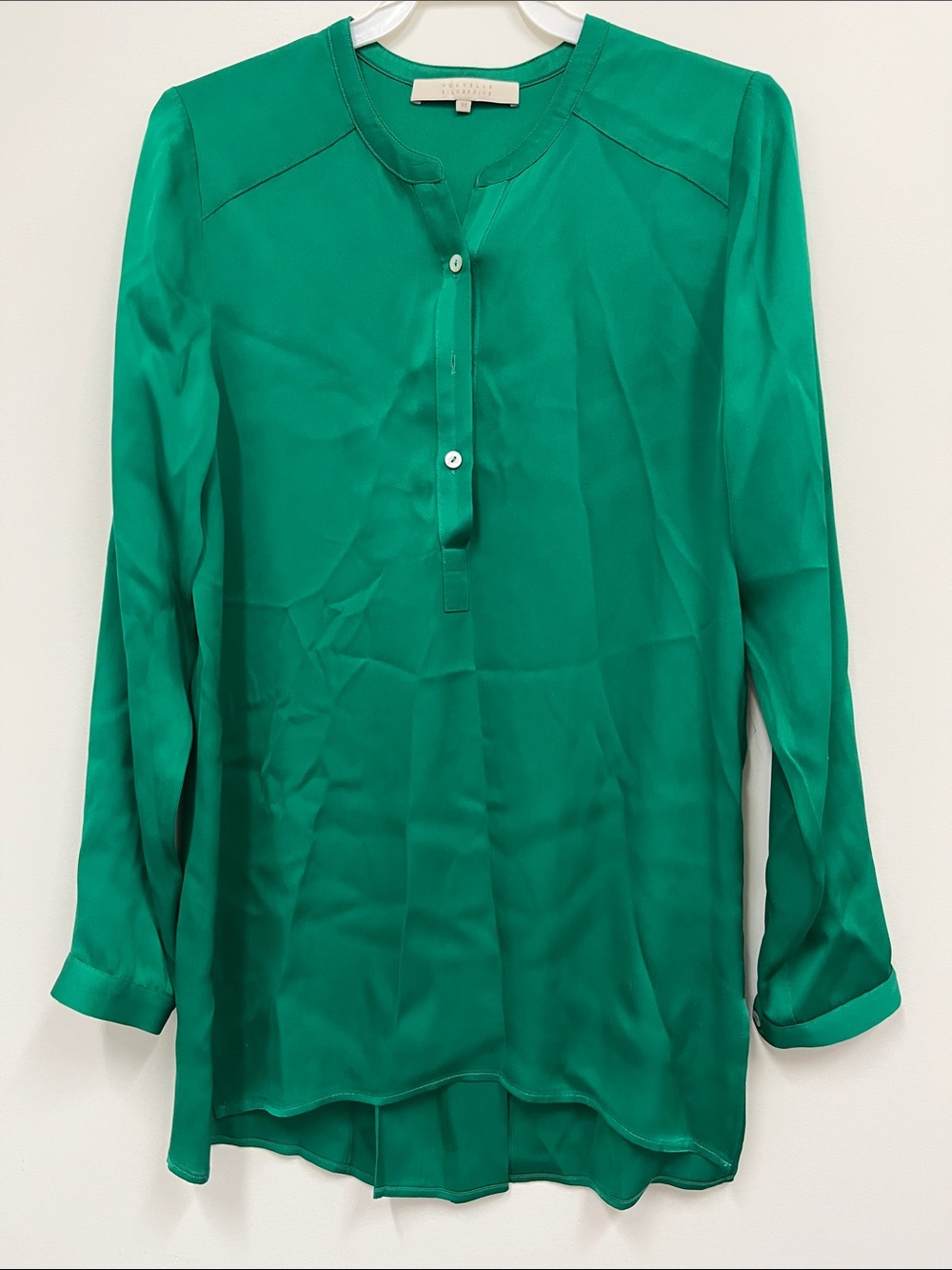 Emerald Green Long Sleeve Silk Tunic Blouse size XS